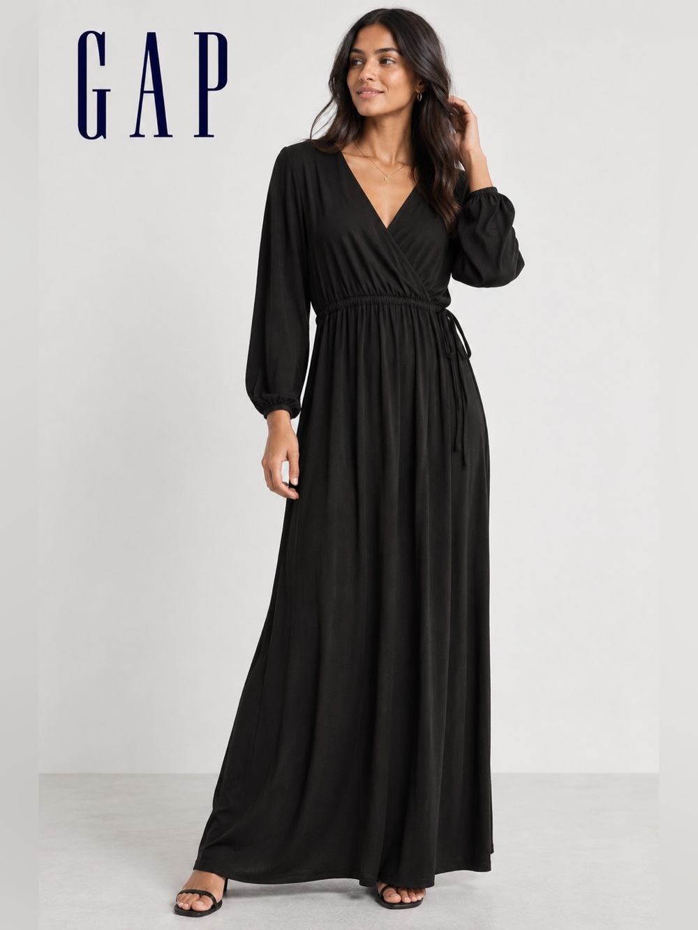 GAP Black Maxi Dress Size L – Long Sleeve Wrap Style